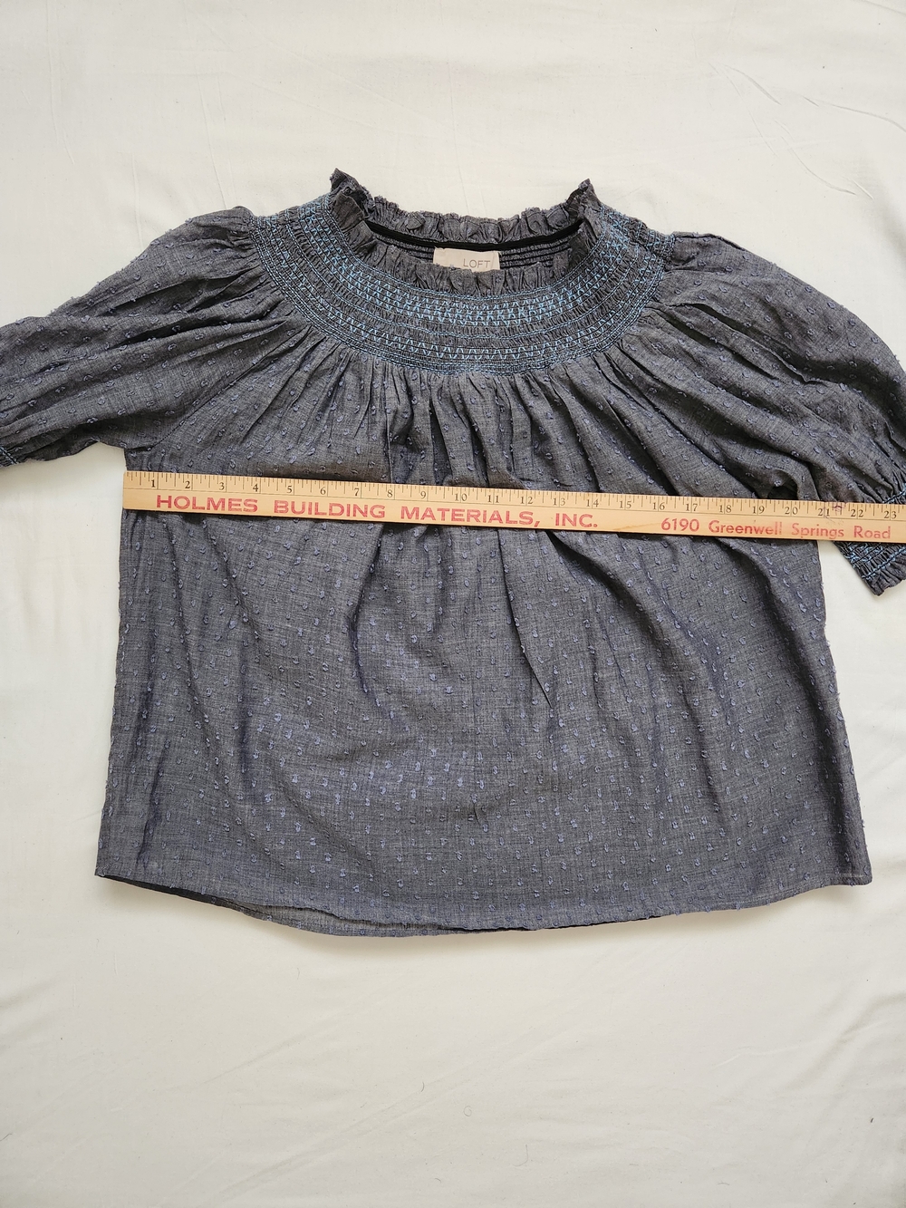 LOFT Slate Blue Smocked Whimsical Ruffled Neck Puff Sleeve Top - Picture 4 of 8